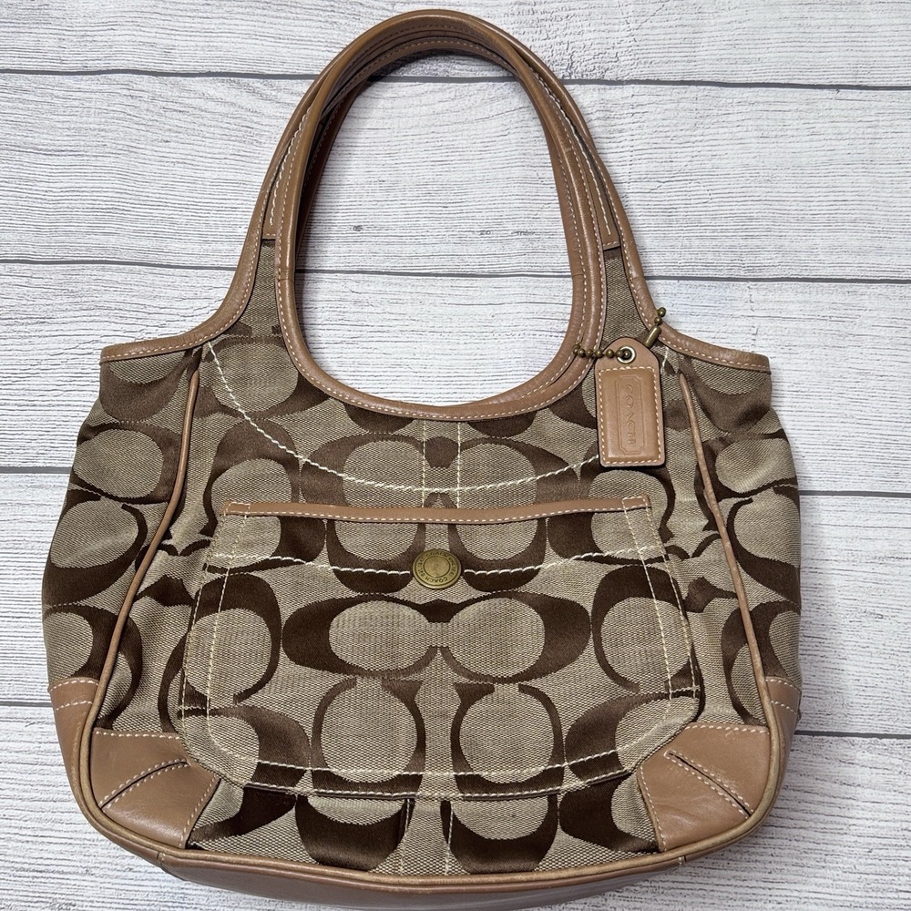Coach Ergo Signature Tote Hobo Bag 10766 Brown Tan Canvas Signature Brass Y2K